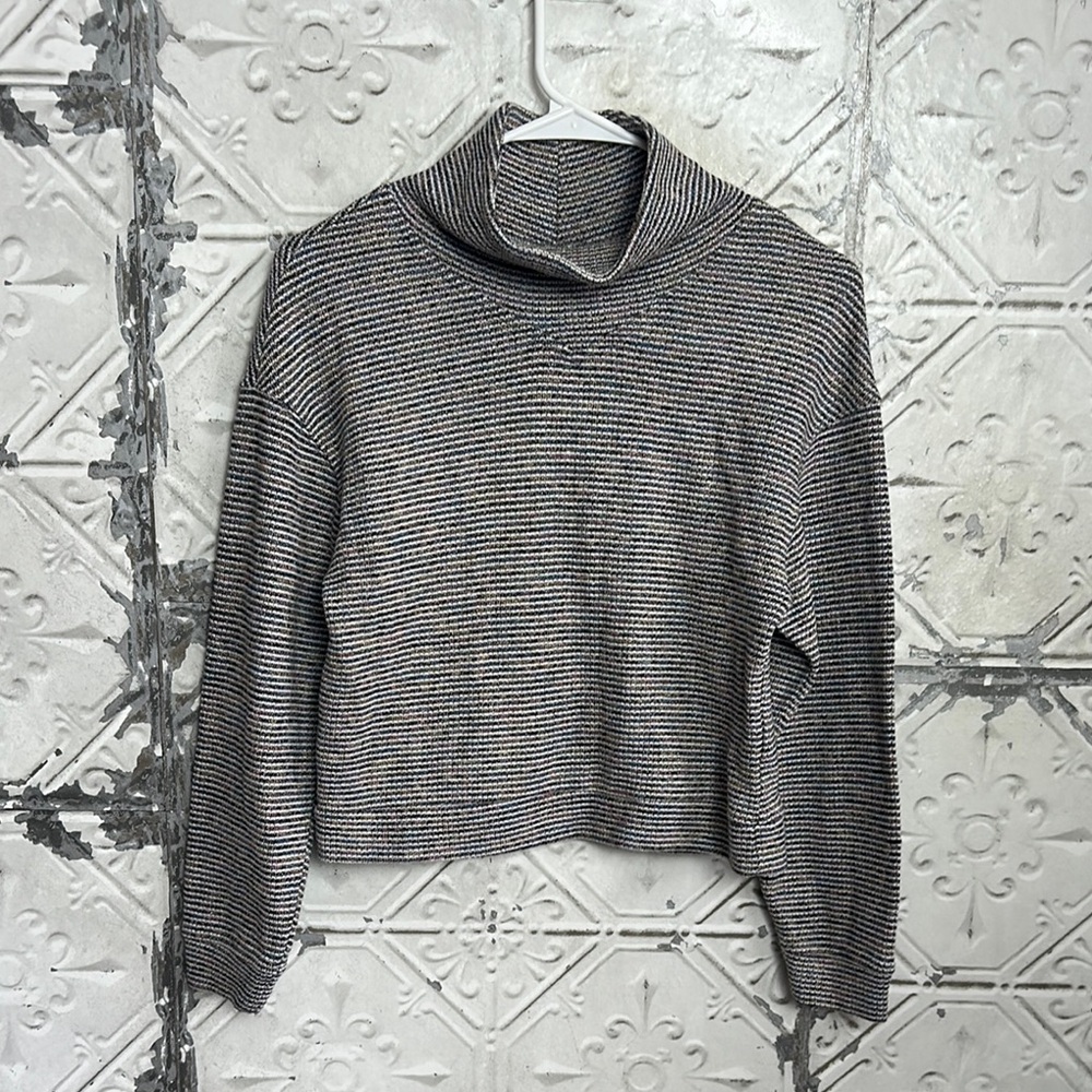 Striped Gray cropped metallic  Women's turtleneck Sweater